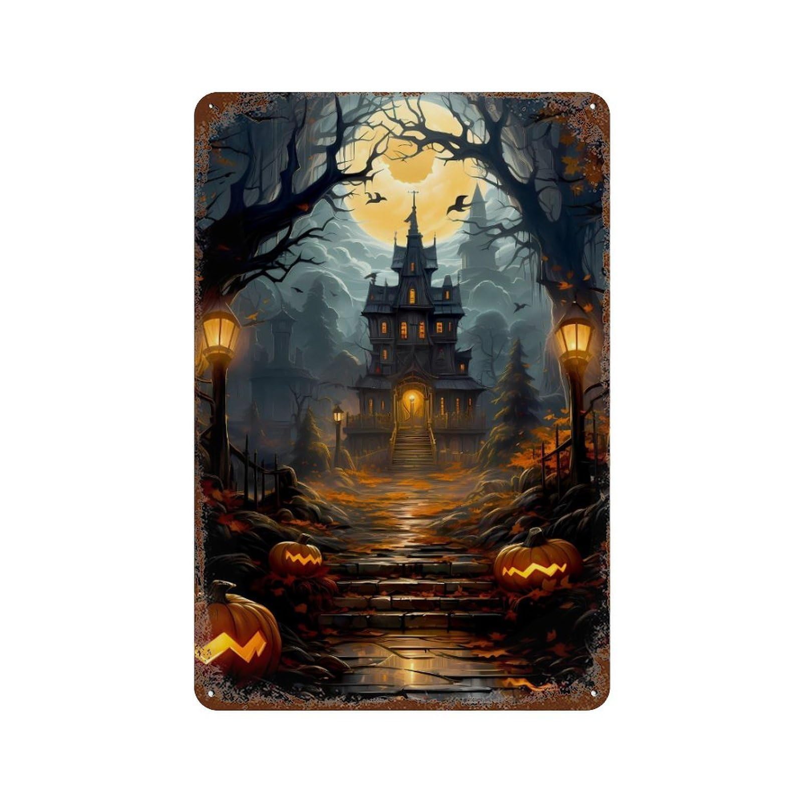 Decorative Tin Sign with Halloween Haunted House Scene Design 11.8"x7.9", for Basement, Hobby Room And Garage Decor, Farmhouse Wall Decor