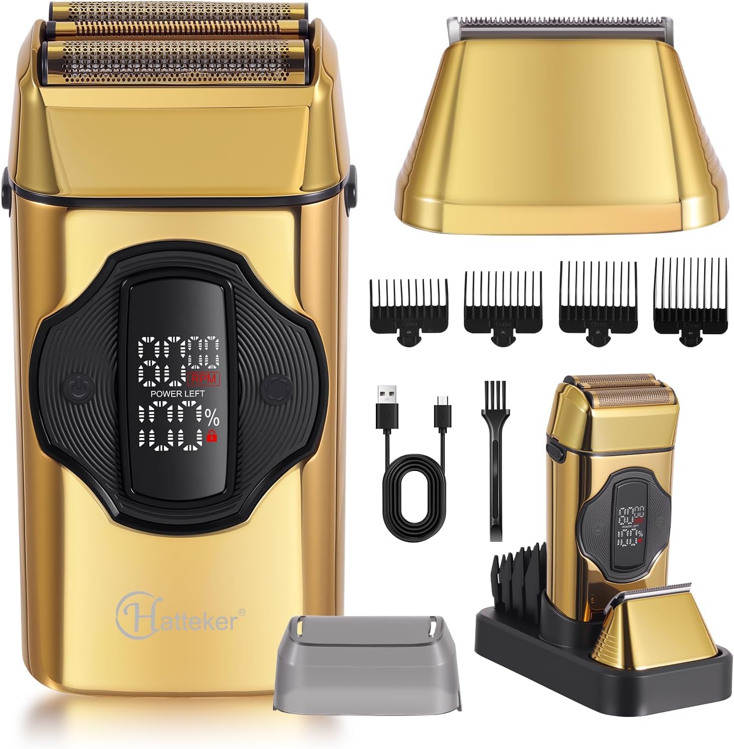 Hatteker Afeitadora Eléctrica 2 en 1 para Hombre, Afeitadora de Láminas y Recortadora con Cabeza Magnética, Cabeza de Recortadora Extraíble, Impermeable IPX7 para Afeitado en Seco y Mojado(Dorado)