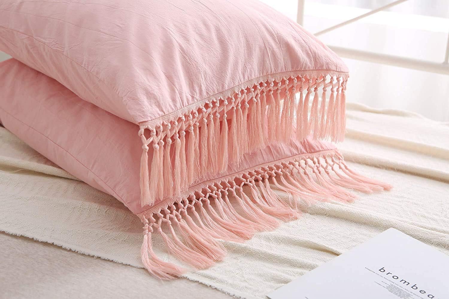 Pink Tassels Pillow Shams Boho Pillowcases Pure Cotton Pillow Covers King Size 36"x20" 2 Pieces Solid