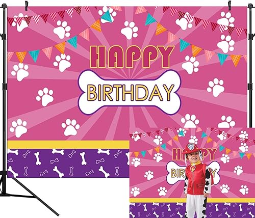 DLA149C - Telón de fondo rosa de cumpleaños con diseño de patas de perro de mascota, para niños, bebés, niñas, feliz cumpleaños, decoración de mesa,