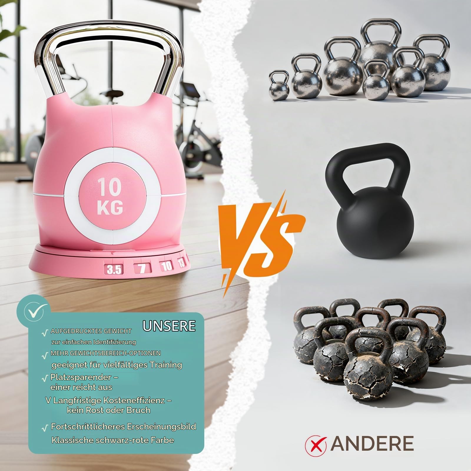 LIFERUN Kettlebell Verstellbare Hanteln Set 7 in 1 (10KG，Rosa) | Kugelhantel für Home Gym Gewicht Hantel Set mit 6 Stück Gewichtsscheiben Fitnessgeräte für Zuhause