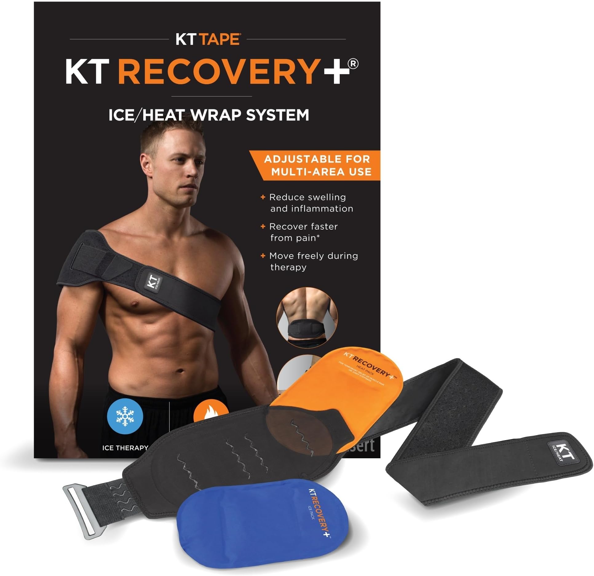 KT Health, Compression Pad Therapy System, Heating and Ice Pack With Adjustable Wrap for Back/Muscle Pain Relief, Black