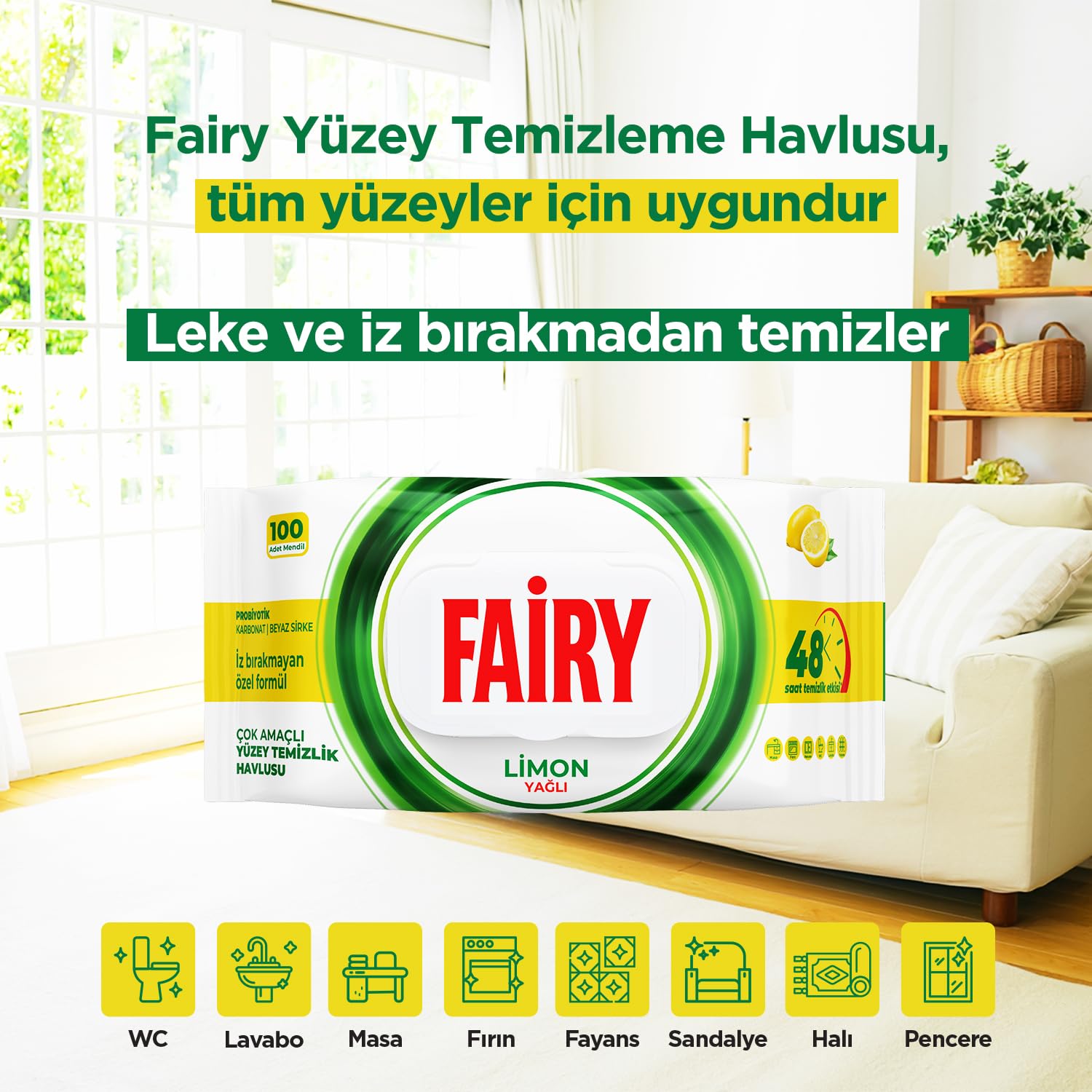 Fairy Çok Amaçlı Yüzey Temizlik Havlusu 100 Yaprak | Limon Yağlı | Beyaz Sirke & Karbonat | 48 Saat Temizlik Etkili | İz Bırakmayan Formül