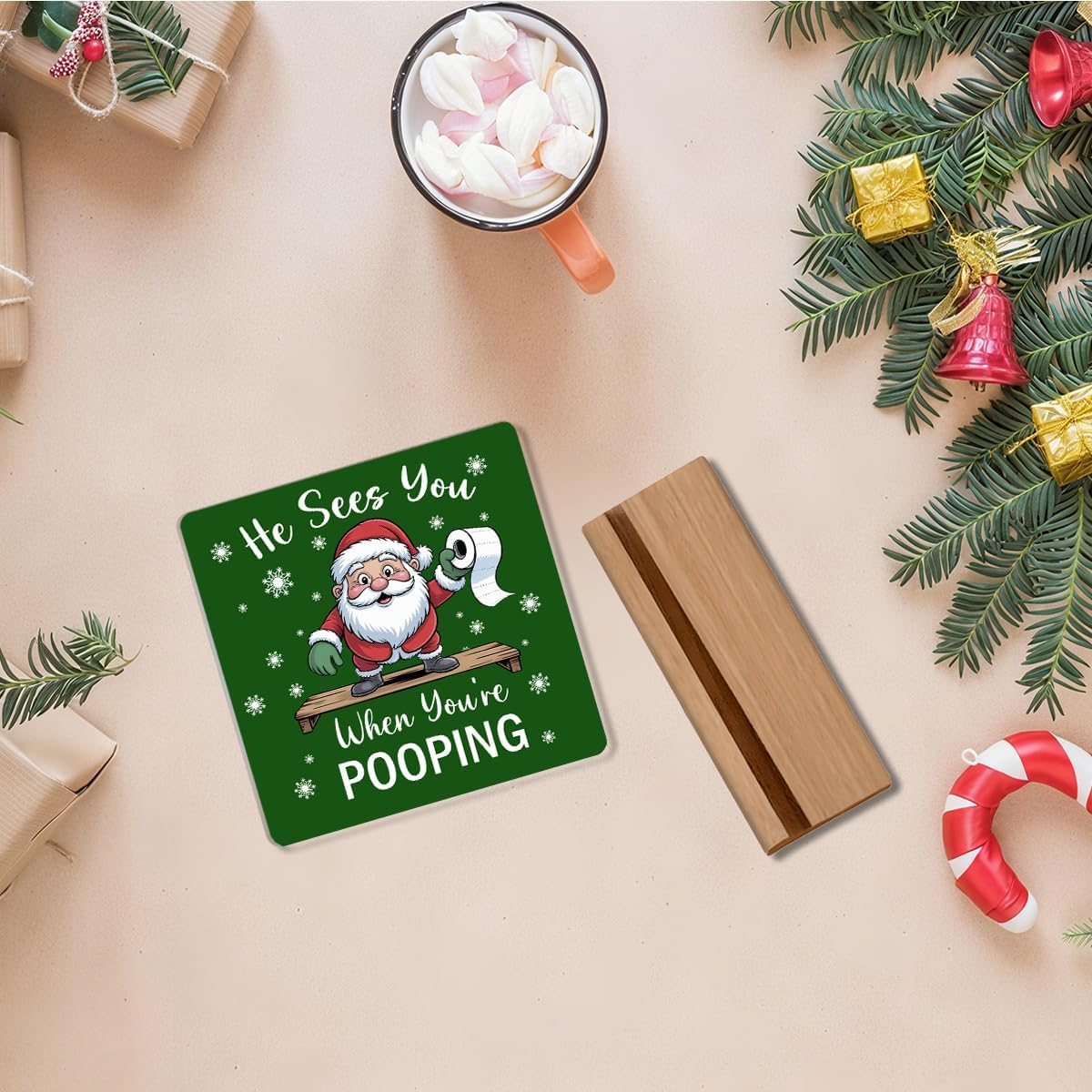 HTBIG Christmas Decor He Sees You When You're Pooping 4 X 4 Acrylic Bathroom Sign For Friends Besties Colleagues Gifts, Home Bathroom Desk Shelf Cubicle Clear Sign Decor image 3