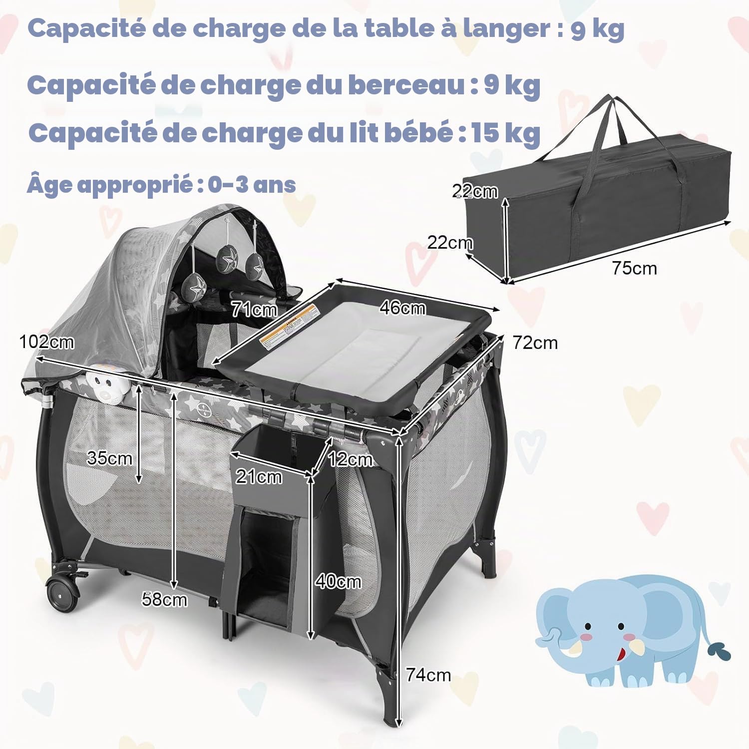 FANTASK Lit bébé 4 en 1, Arche de Jeu et boîte à Musique, Landau avec roulettes, Sac de Transport, lit d'appoint Portable avec Matelas Pliable, Table à Langer, baldaquin, pour bébé jusqu'à 36 Mois