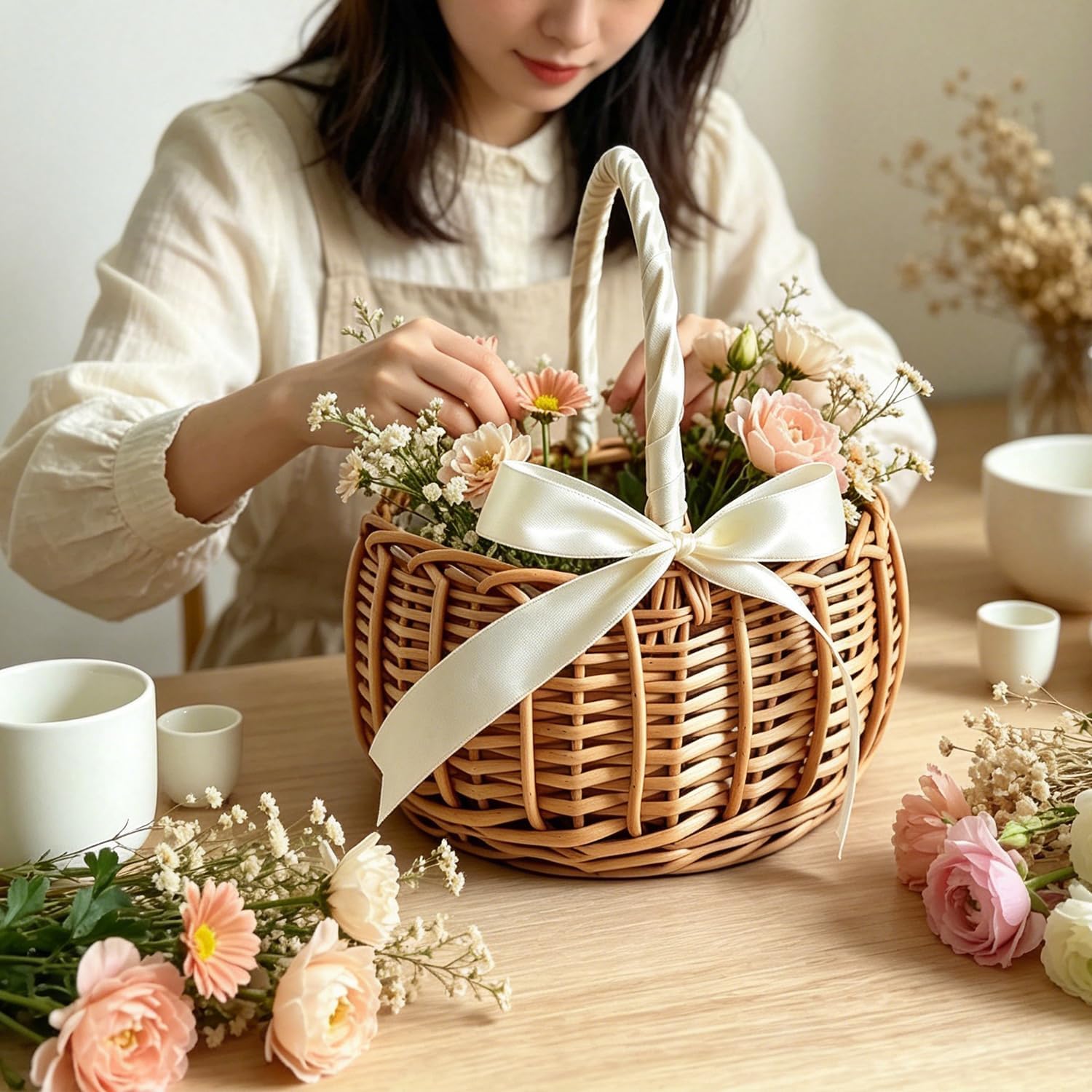 Flower Girl Baskets Wicker Basket Rustic Wicker Picnic Basket with Handle Cute Rattan Easter Baskets Wicker Storage Basket Decorative Basket for Wedding Garden and Home Decor