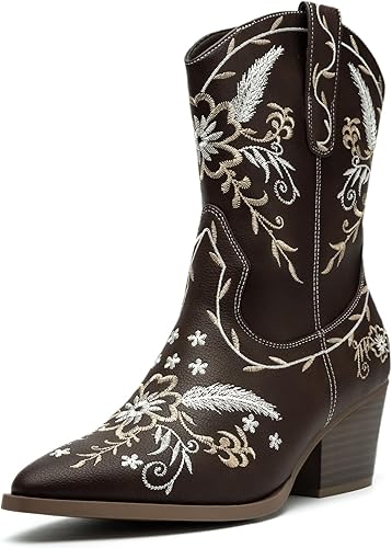 ANJOUFEMME Floral Country Cowboy Boots For Women, Womens Trendy Cute Cowgirl Boo