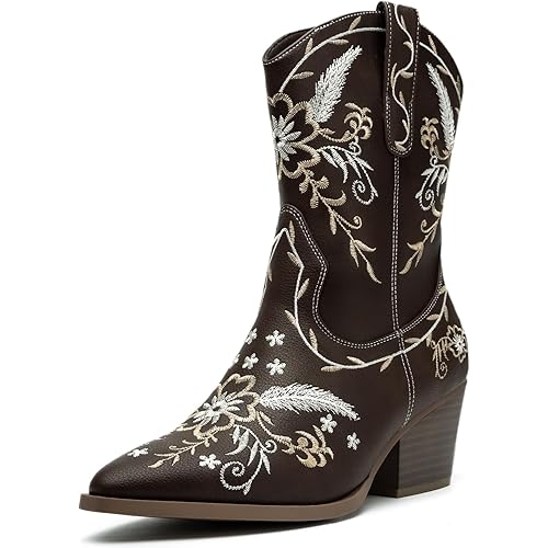 ANJOUFEMME Womens Wide Calf Cowboy Boots, Western Cowgirl Mid Calf with Gold Embroidery, Chunky Heel Zip Up Pointed Toe Boots