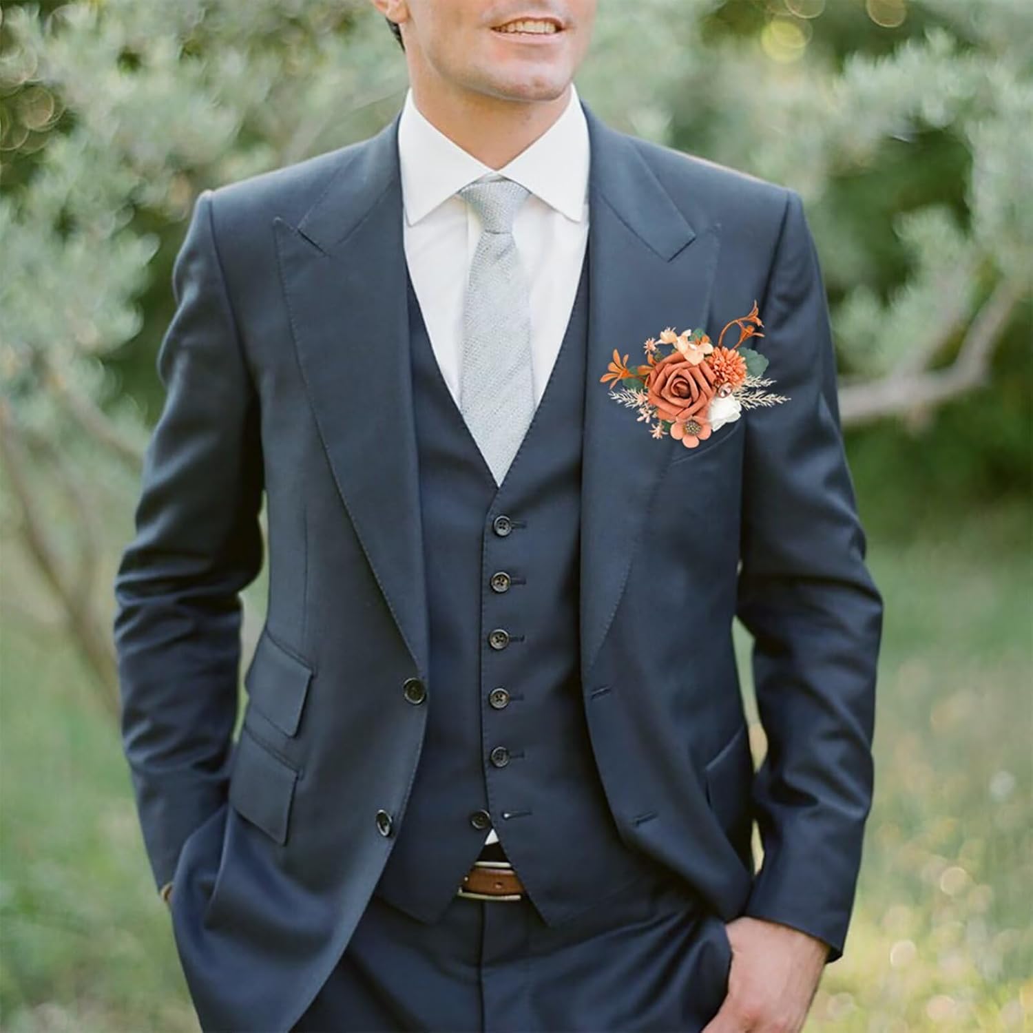 Boutonniere for Men, Groom and Groomsmen Pocket Boutonniere Terracotta Flowers Pocket Square Boutonnieres for Wedding Prom Party Graduation image 2