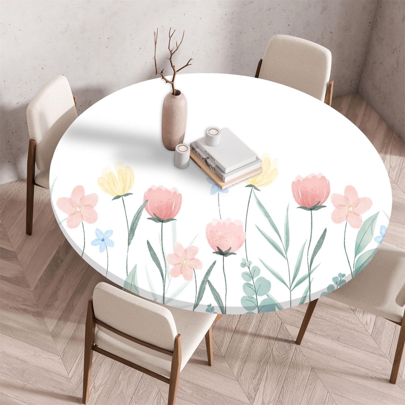 Muiuou Round Tablecloth, Flower Printing Waterproof Wipeable Table Cover Elastic Edge, Reusable Round Table Cover Cloth, Fitted Kitchen Restaurant Home Decoration