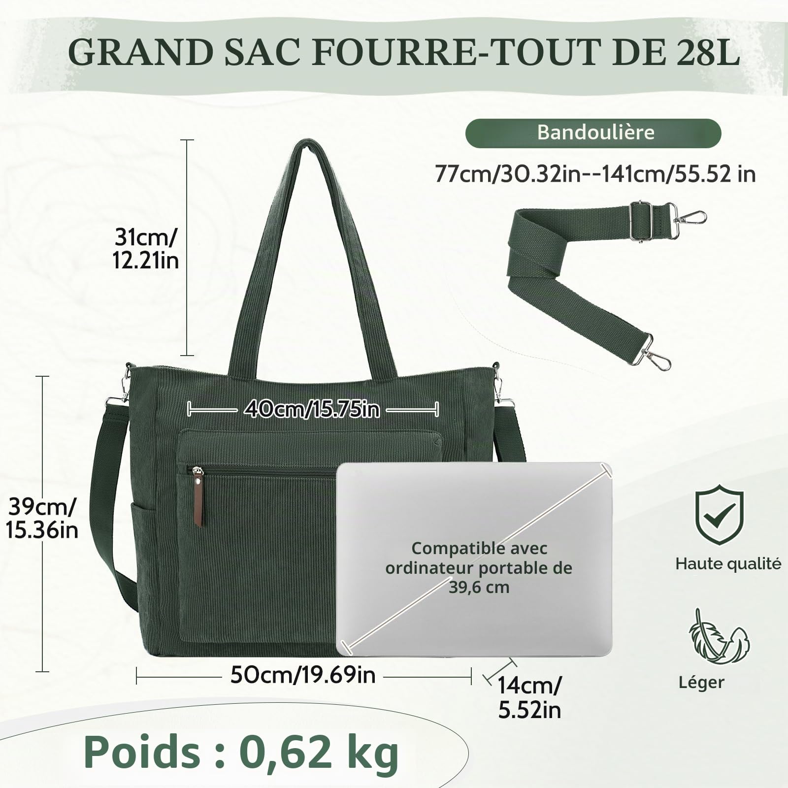 Grand Cabas Femme Velours Côtelé, Léger Sac Fourre Tout Zippé 15,6 Pouces Poches Multiples avec Bandoulière Amovible pour Travail École Voyage Gym