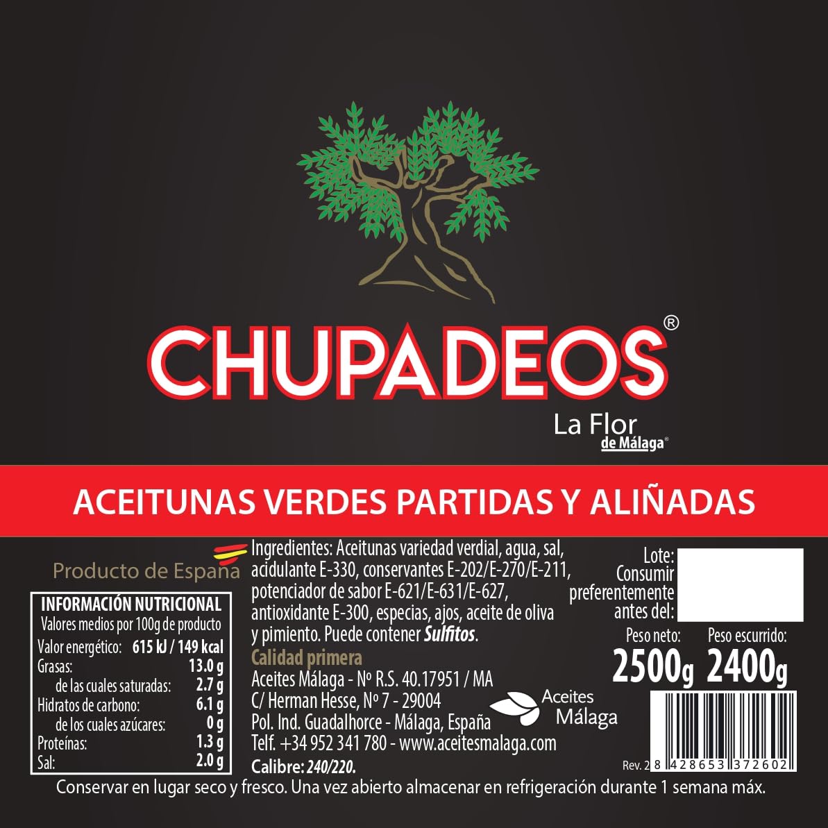 Aceitunas CHUPADEOS LA FLOR DE MÁLAGA | Bote PET 2'5 KG (2.22 KG ESC) | LA FLOR DE MALAGA