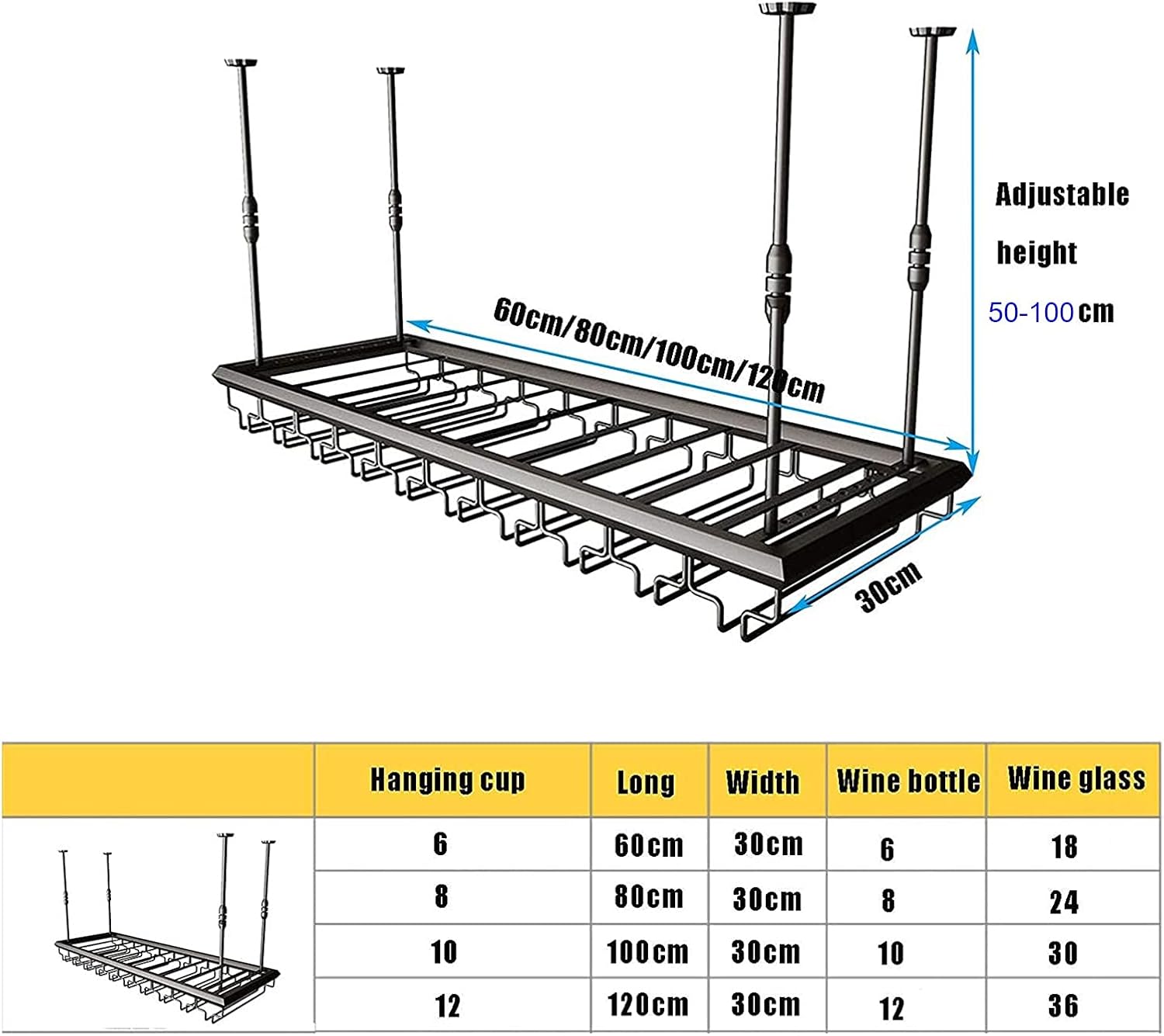 Ceiling Wine Glass Rack Industrial Ceiling Wine Racks,Adjustable Height,Metal Wine Holder Stemware Goblets,Iron Wine Bottle Holder,Hanging Wine Glass Hanger,for Bars,Kitchens,Resta