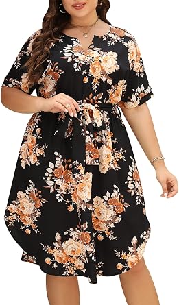 Nemidor Women Plus Size Casual Dress Summer Boho Midi Pocket | V neck, short sleeve, elastic waist, size 1426 plus, swing, A-line, maternity, beach, party, wedding guest, vacation, work