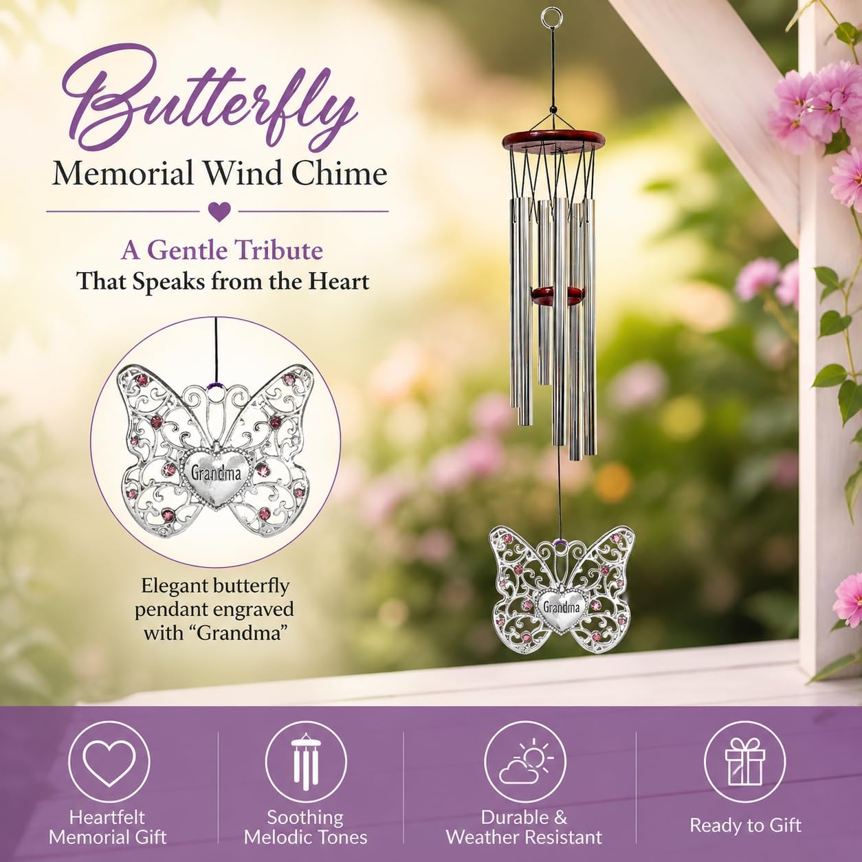 Grandma Butterfly Wind Chimes – Memorial Wind Chime for Grandma – Wood Windchime with Silver Filigree Butterfly & Purple Rhinestones – Sympathy Gift, Garden or Porch Décor – 37”L
