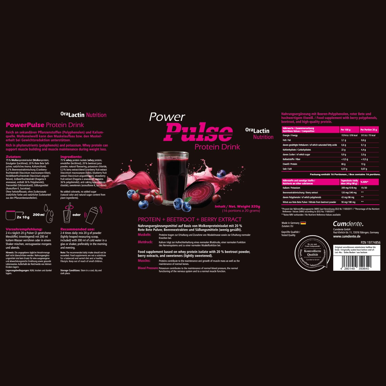 PowerPulse Protein en polvo con remolacha y bayas, proteína de suero con potasio y polifenoles, contribuye al mantenimiento de la masa muscular y de la presión arterial normal, 320 g (16 batidos)