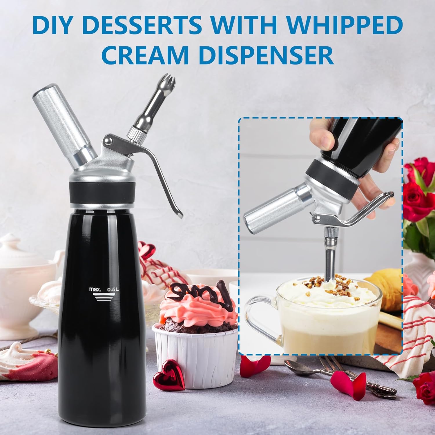 Whipped Cream Dispenser 500ml – 1 Pint Aluminum Cream Canister with 3 Nozzles & Cleaning Brush – Leak-Proof Whip Cream Maker for Desserts, Toppings, N2O Charger not Included