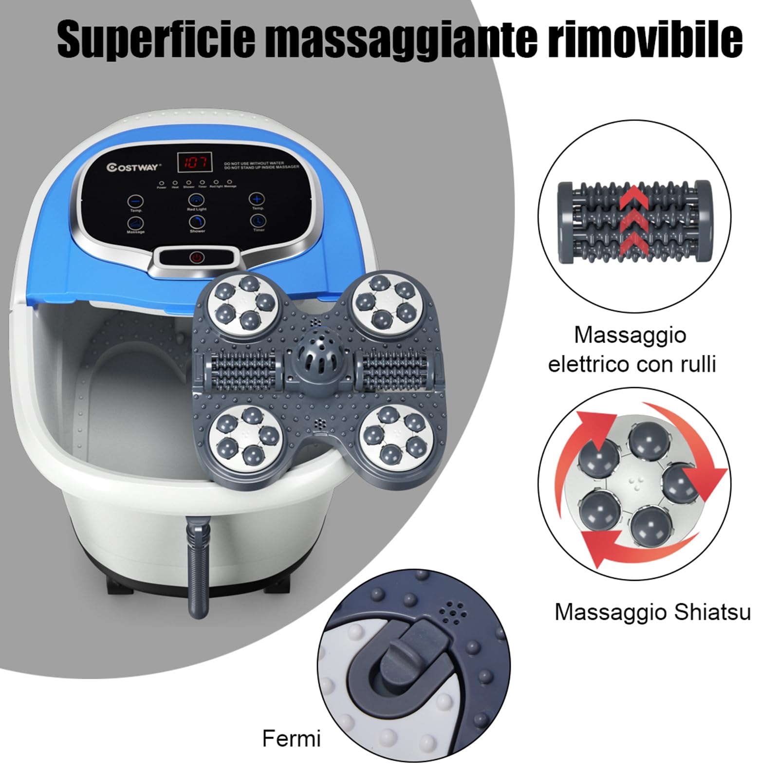 COSTWAY Idromassaggio per Piedi, Pediluvio Massaggiatore Plantare Massaggio Shiatsu, con Funzione Calore Timer e Rulli Luce a Infrarossi, Idromassaggiatore 15L (Blu)