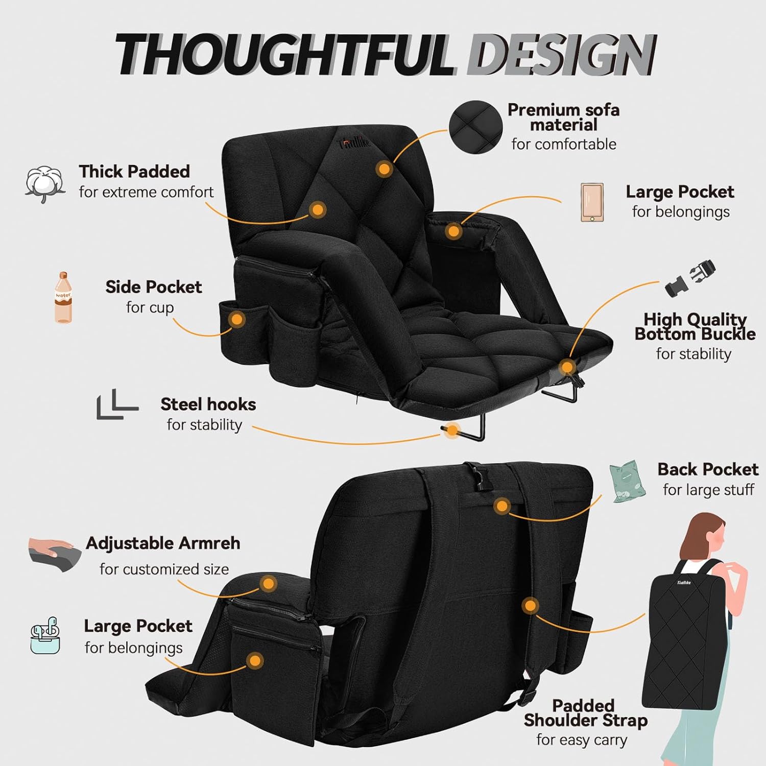 25inch Extra Wide Stadium Seat, Thick Bleacher Chair with Back Support and Cushion, 6 Reclining Positions Bleacher Seat with Armrest, Upgrade Sofa Style Stadium Chair for Sport Events and Outdoors