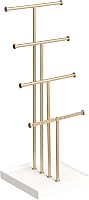 Amazon Basics 4-Tier Jewelry Tree Stand Organizer - Necklace Earring Bracelet Holder with Ring Tray, White/Brass
