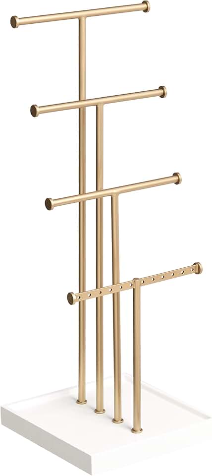 Amazon Basics Four-Tier Jewelry Organizer Tree Stand, Necklace Earring Bracelet Holder with Ring Storage, White/Brass