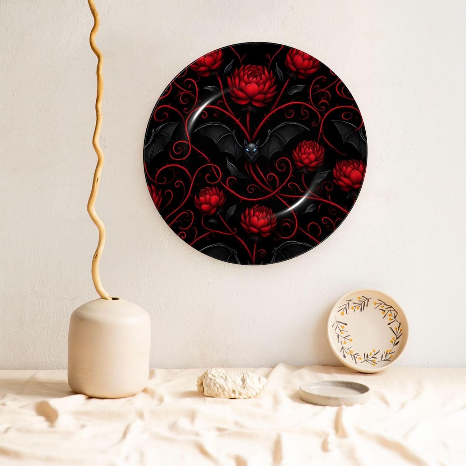 Gothic Skull And Flower Pattern Style Ceramic Plate Display Decorative Plate With Stand Wall Hanging Plate For Home Decor 10 Inch