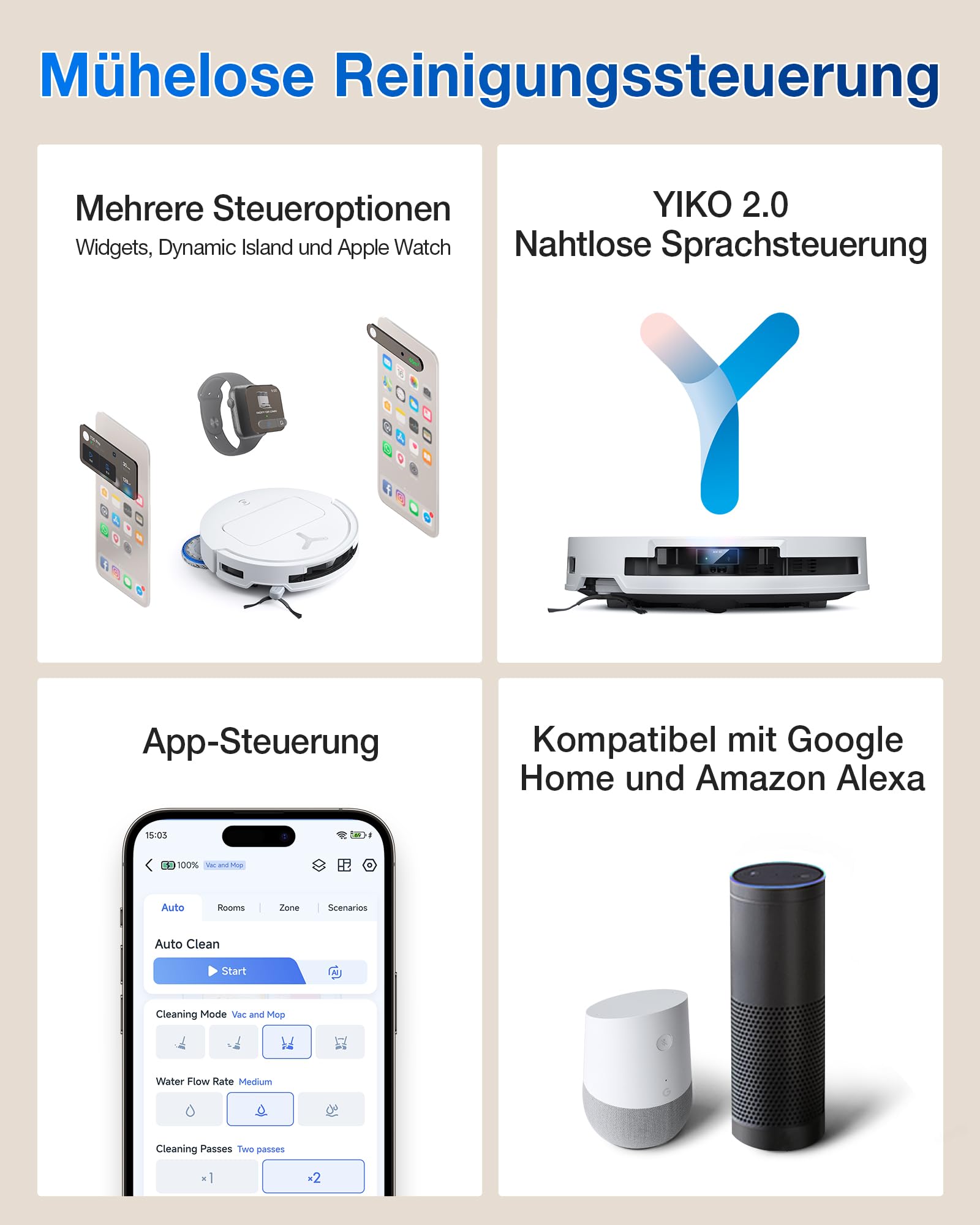 ECOVACS DEEBOT T50 Omni Saugroboter mit Wischfunktion,15.000 Pa, T30 Omni-Upgrade, Ausziehbare Seitenbürste und Mopp, ZeroTangle 2.0, Moppwäsche mit 75°C heißem Wasser, All-in-One Station