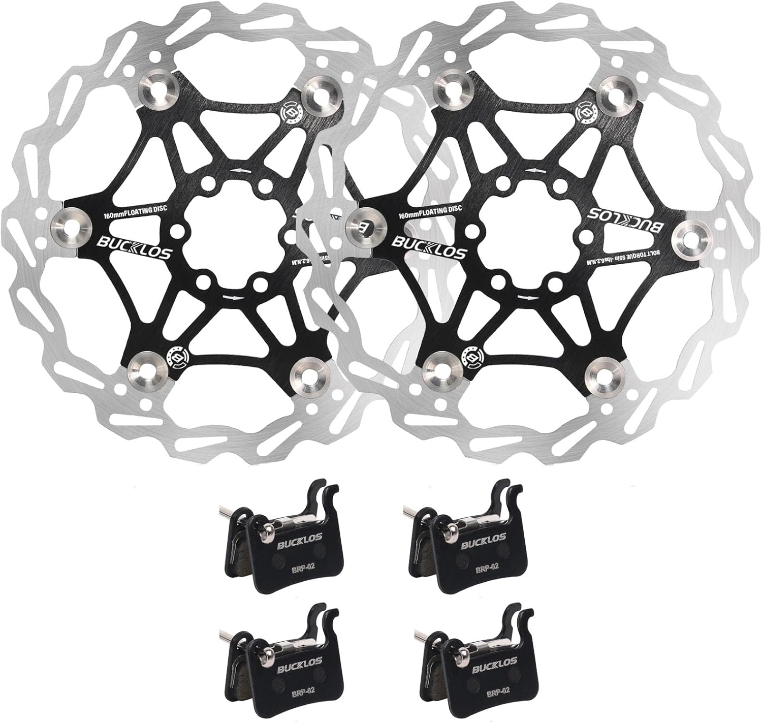 BUCKLOS 4 Pairs Resin Bike Disc Brake Pads - Bicycle Disk Brake Pads for Zoom/Shimano Deore XT XTR LX SLX Hone Alfine Saint and 160mm Floating Disc Brake Rotor with 6 Bolts