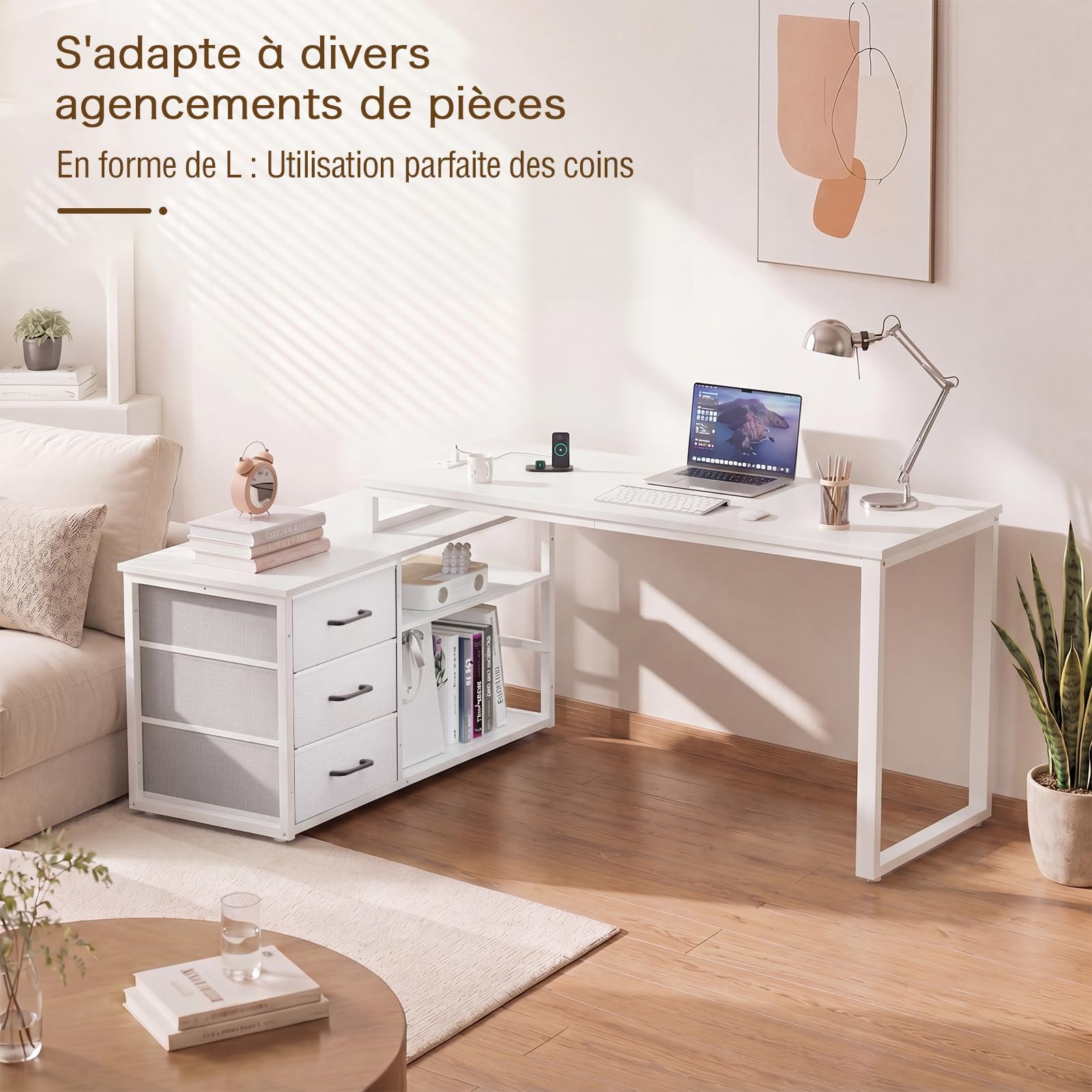 JUMMICO Bureau d'ordinateur 140 x 105 cm, Modèle en L Réversible, 3 Grands Tiroirs, Multiprise Intégrée et Panneau Perforé Réglable, Plateau Blanc avec Pieds Blancs