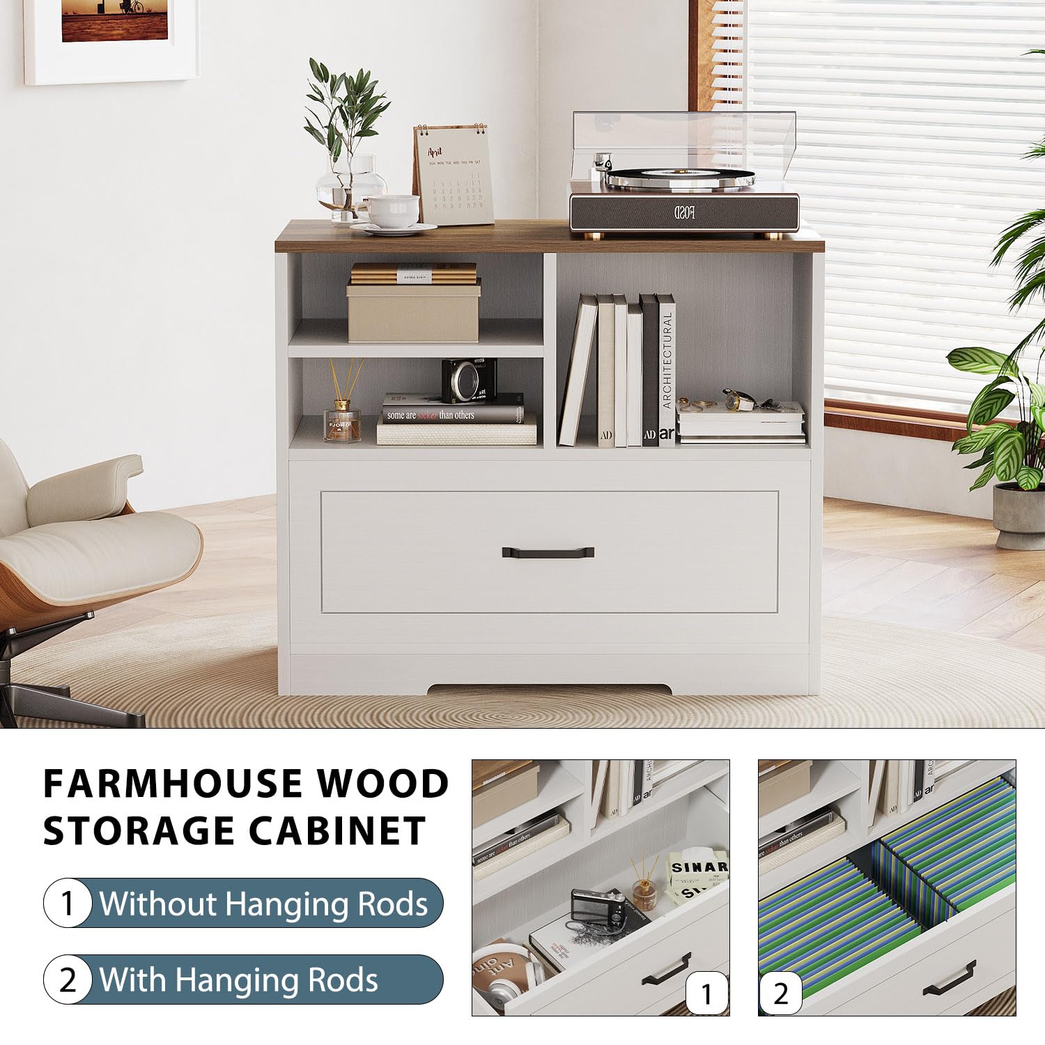 LVB Aktenschrank mit Schublade Schreibtisch Schrank für DIN A4 Letter Format Druckerständer Büroschrank mit offenem Regal für Arbeitszimmer Büro und HomeOffice Schubladenschrank Weiß 83 cm