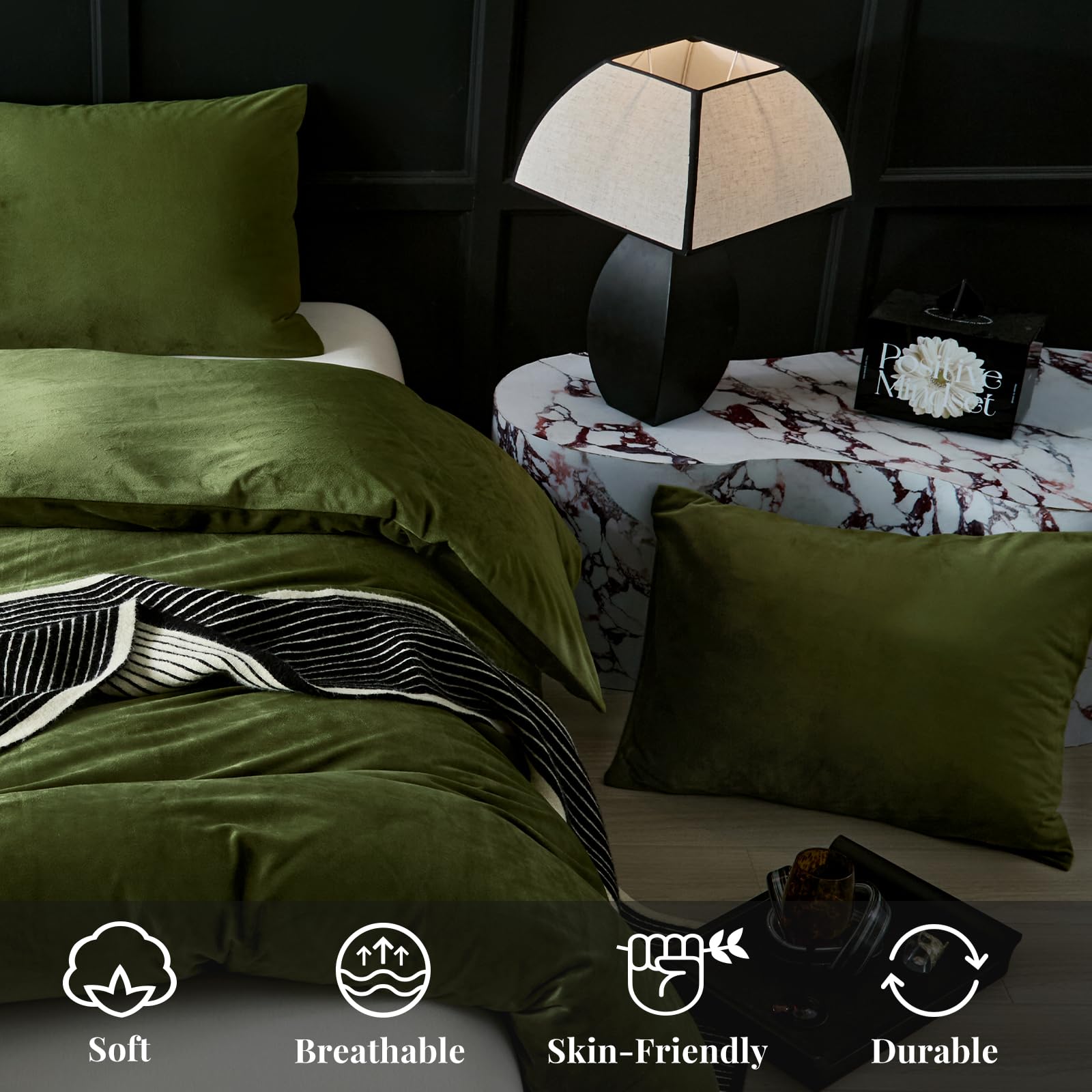 YASMENG Crystal Velvet Queen Duvet Cover Set - Soft Flannel, 3 Piece (Duvet Cover + 2 Pillowcases), Dusty Green