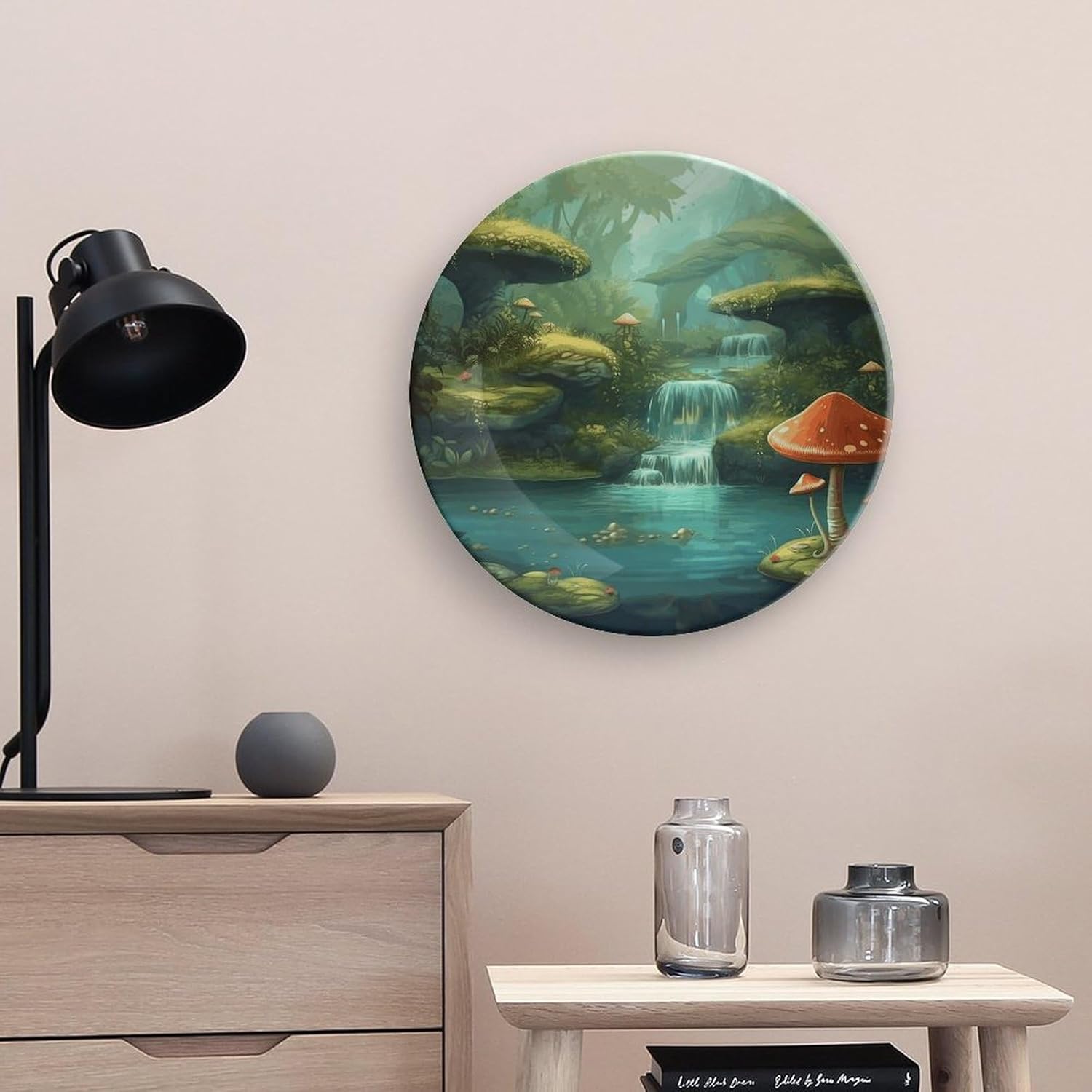 View of Fantasy River Bone China Decorative Plate with Display Stand, Ceramic Ornaments Plate for Wall Hanging, Personalized Porcelain Plates for Office, Living Room 10inch