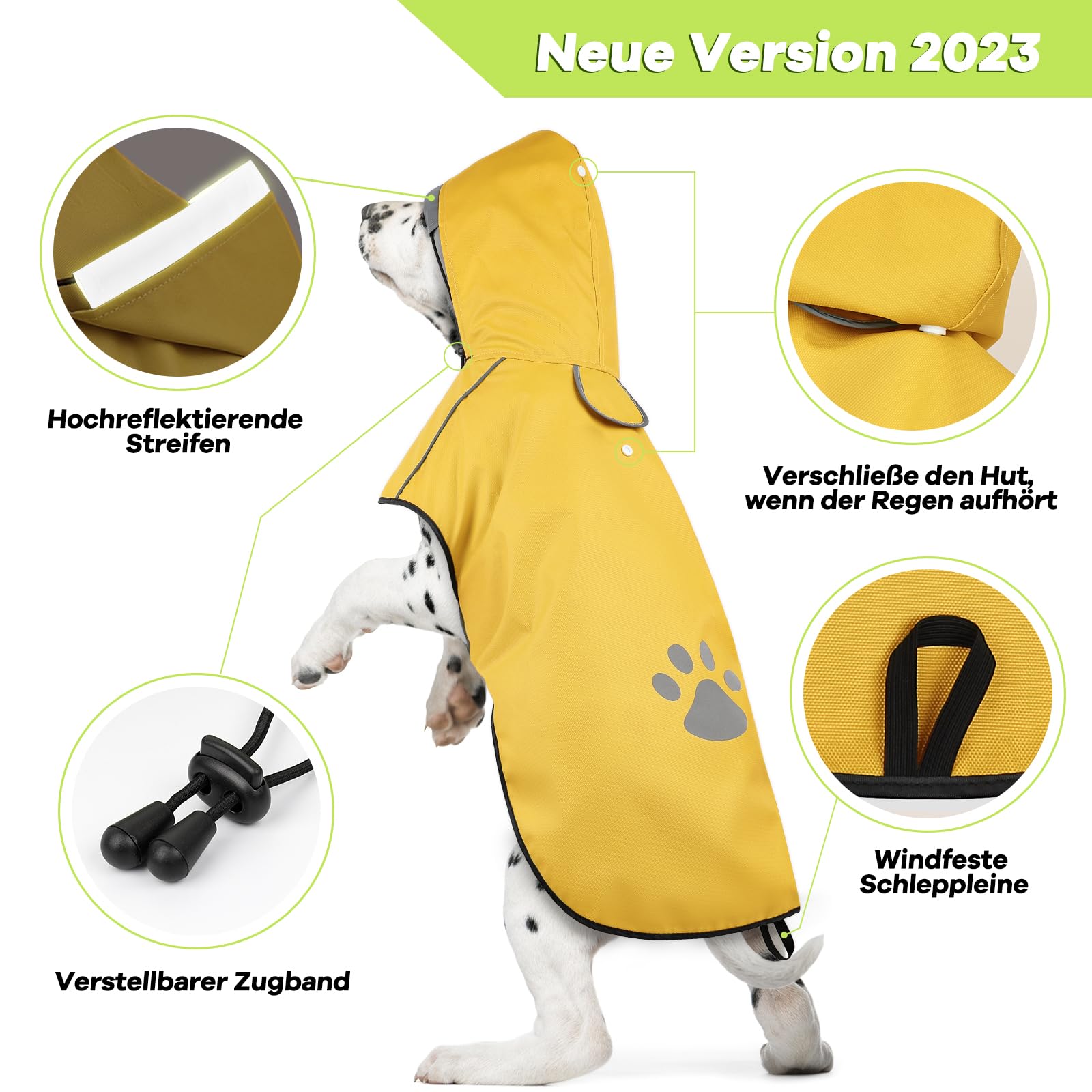 Impermeabile Cane Taglia Grande DQGHQME Regolabile Cappotto Impermeabile Cane con Cappuccio, Impermeabile per Cani, Antipioggia Cane con Nastro Riflettente e Foro per Colletto per Escursionismo- L