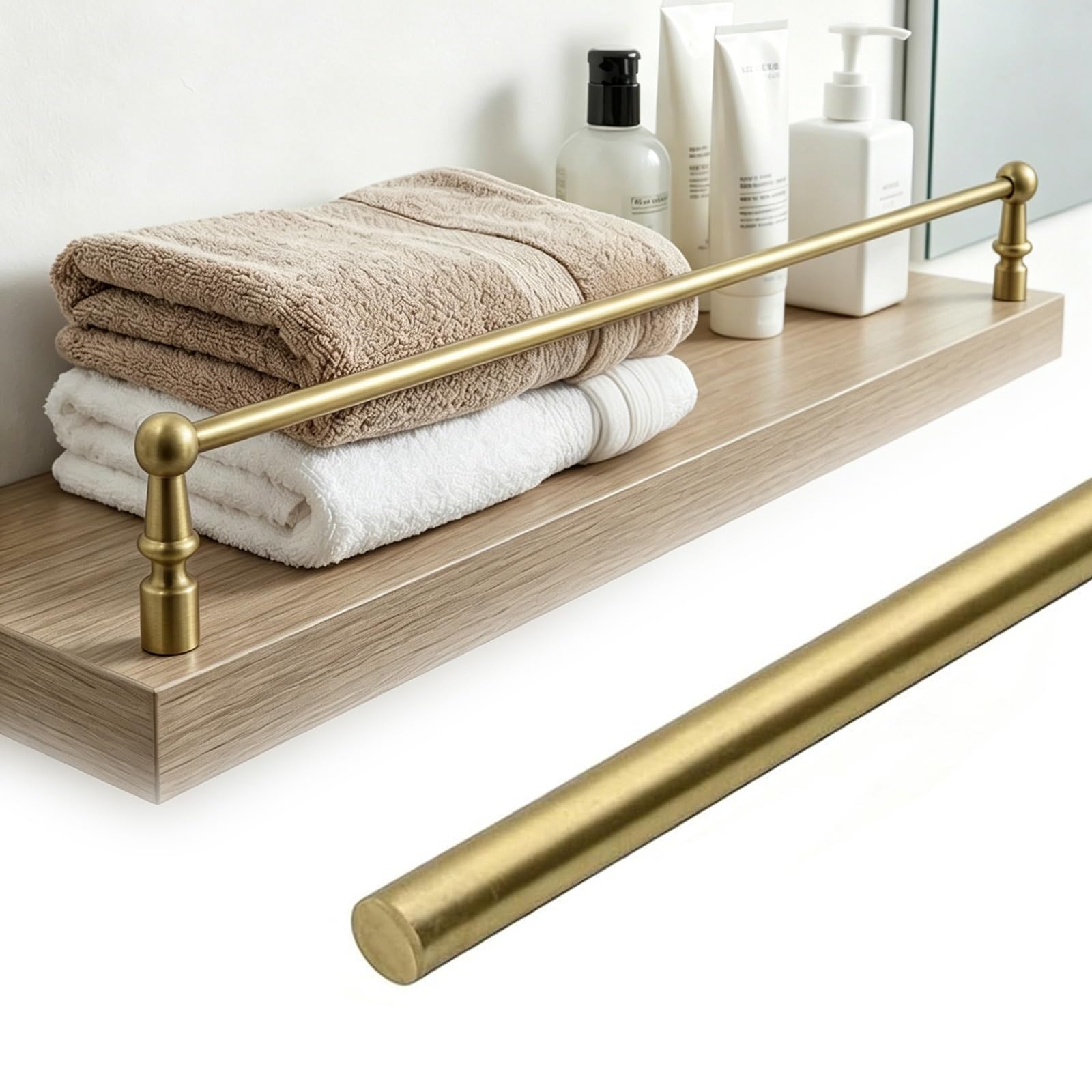 Zaqycm Only Rod - L 18In/46Cm Long Floating Shelf Railing Rod And Adapters, Gallery Rails For Shelves Flexible Customization, Brass Shelf Anti-Tipping Guardrail For Cabinet/Closet/Wardrobe()