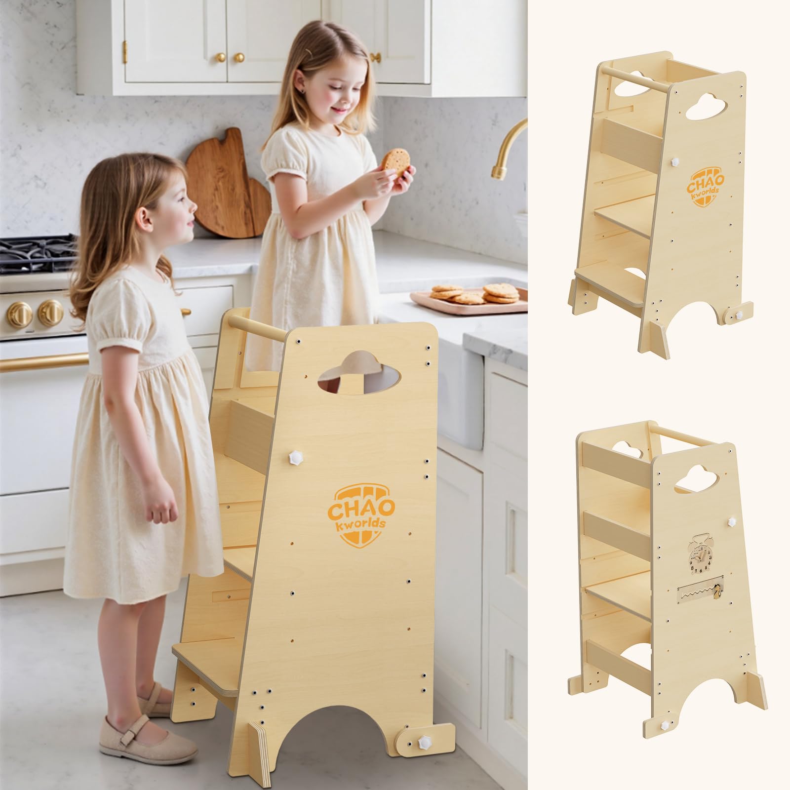 Lernturm für Kleinkinder – 3-in-1 Montessori-Küchenhocker mit Sicherheitsgeländer, höhenverstellbar, stabil mit Anti-Rutsch-Basis, umwandelbar in Hochstuhl und Aktivitätscenter