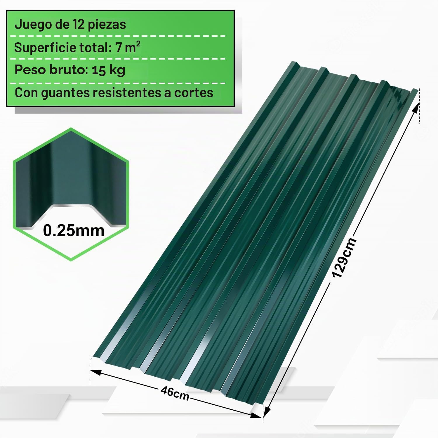 Ikodm Chapa Trapezoidal 129 x 46 cm, 7 m², Perfilada, Galvanizada, 0,25 mm, Resistente a la Corrosión, Ondulada para Garaje, Verde, Con Guantes