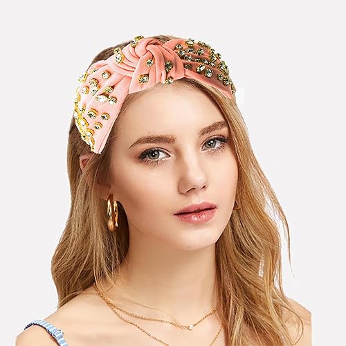 Miniatura 5 de SZJULR Diadema anudada para mujer, diadema ancha con diamantes de imitación rosa brillante, diadema rosa con nudo superior, accesorios anchos para