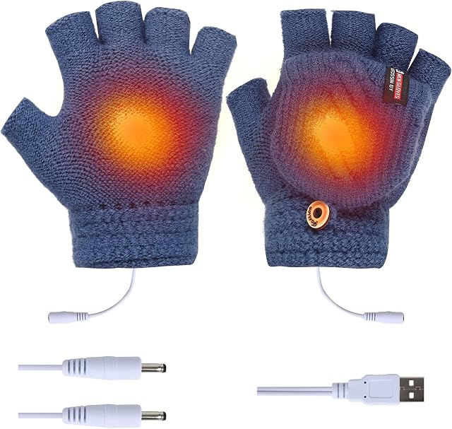 USB Heated Gloves for Women Men, Unisex Heated Mitten Winter Hands Warmer Knitting Full Half Finger Heating Mittens Fingerless Warm Gloves Thermal Laptop Gloves for Indoor Outdoor Winter Gift