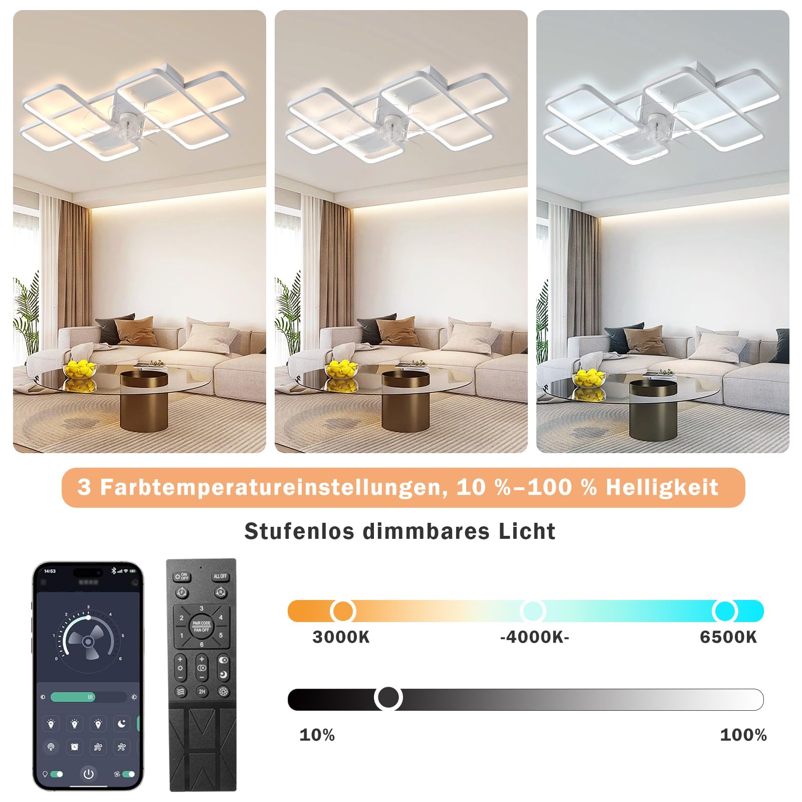 Deckenventilator mit Beleuchtung LED 85W Fernbedienung Leise Dimmbar 6 Windgeschwindigkeit 90cm Weiß