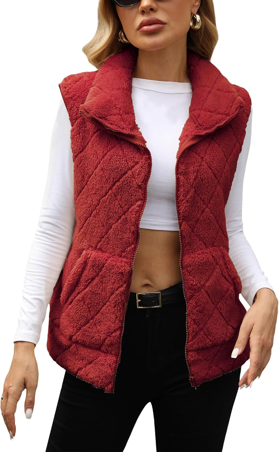 ODIZLI Womens Fleece Vest Fuzzy Gilet Sleeveless Sherpa Zip Up Vests with Pockets Winter Outwear Warm Cardigan