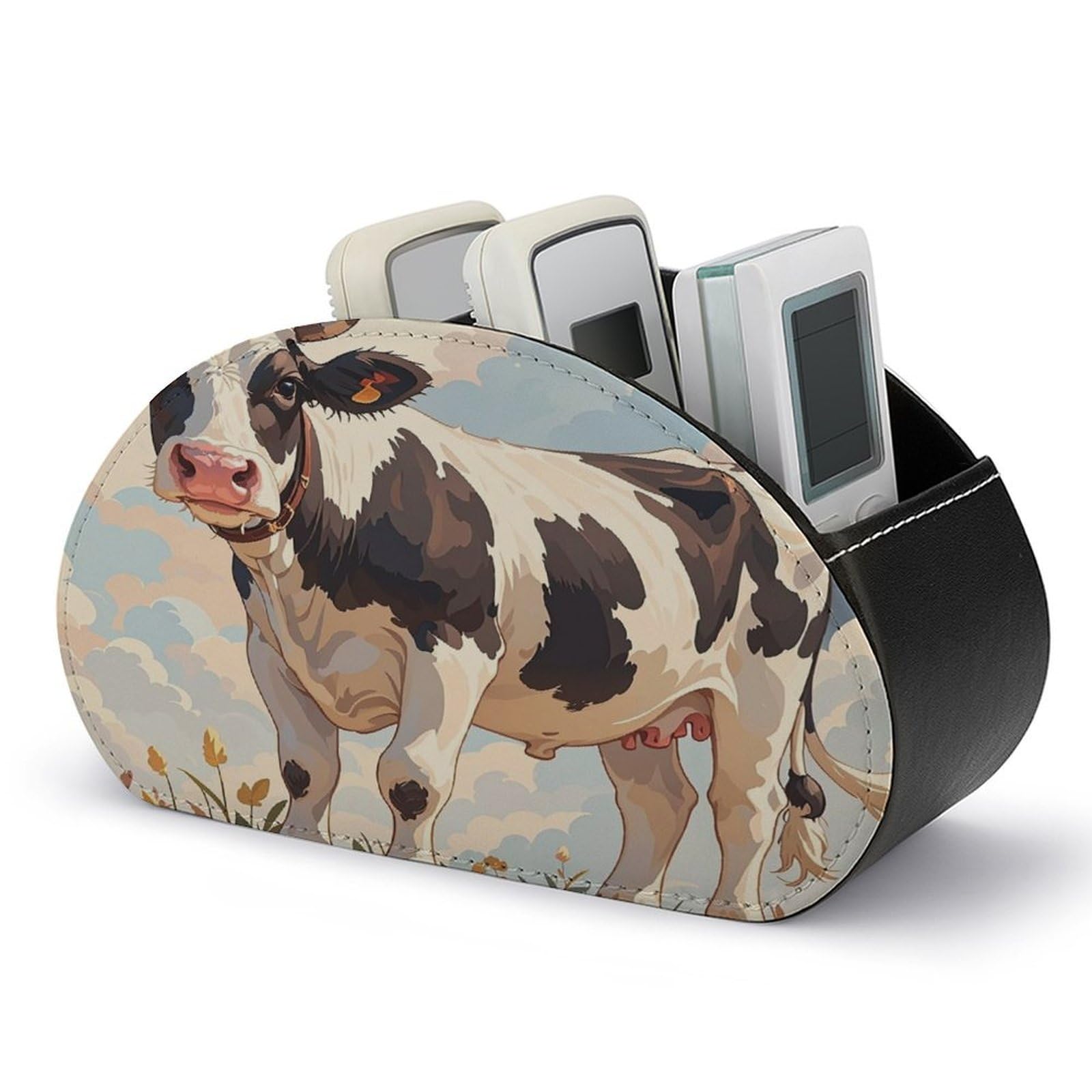 FekiLoot Leather TV Remote Control Holder with 5 Compartments Multifunctional TV Remote Holder Bedside Table Remote Caddy Storage Box Dairy Cow Remote Organizer for Home Office