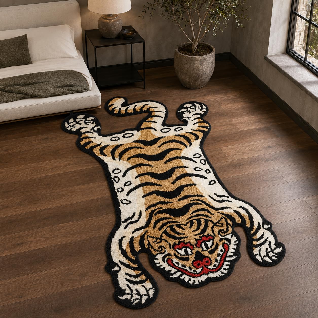 Tapis tufté doux et amusant pour chambre à coucher, motif tigre tibétain, 1,5 x 0,9 m, lavable avec envers antidérapant en caoutchouc thermoplastique, décoration d'intérieur (jaune)