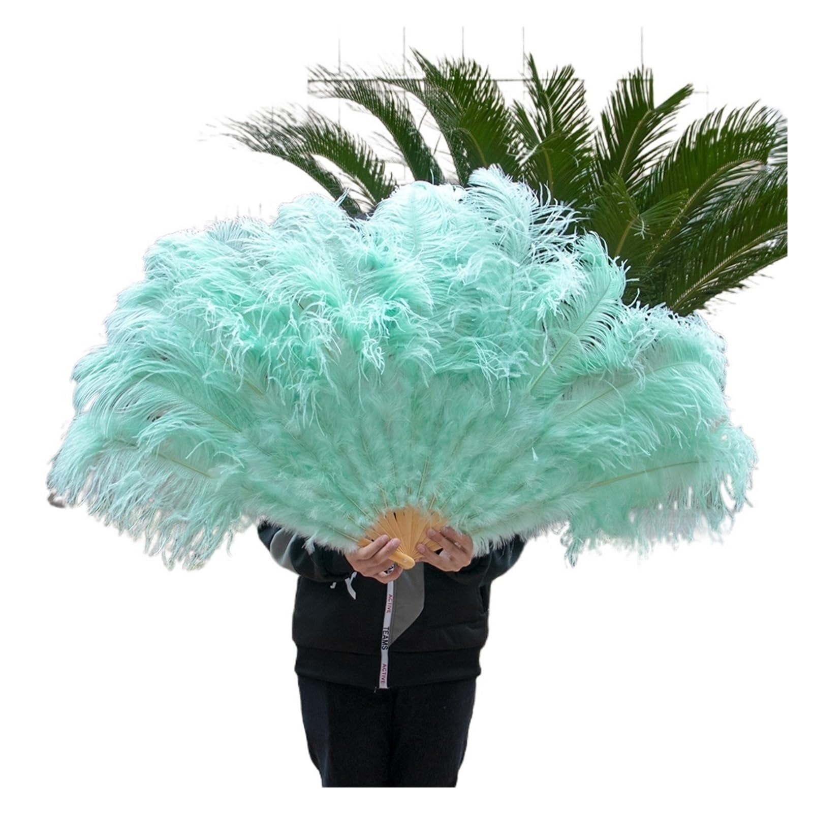 Éventail en plumes menthe de 100 cm pour danse et décoration festive