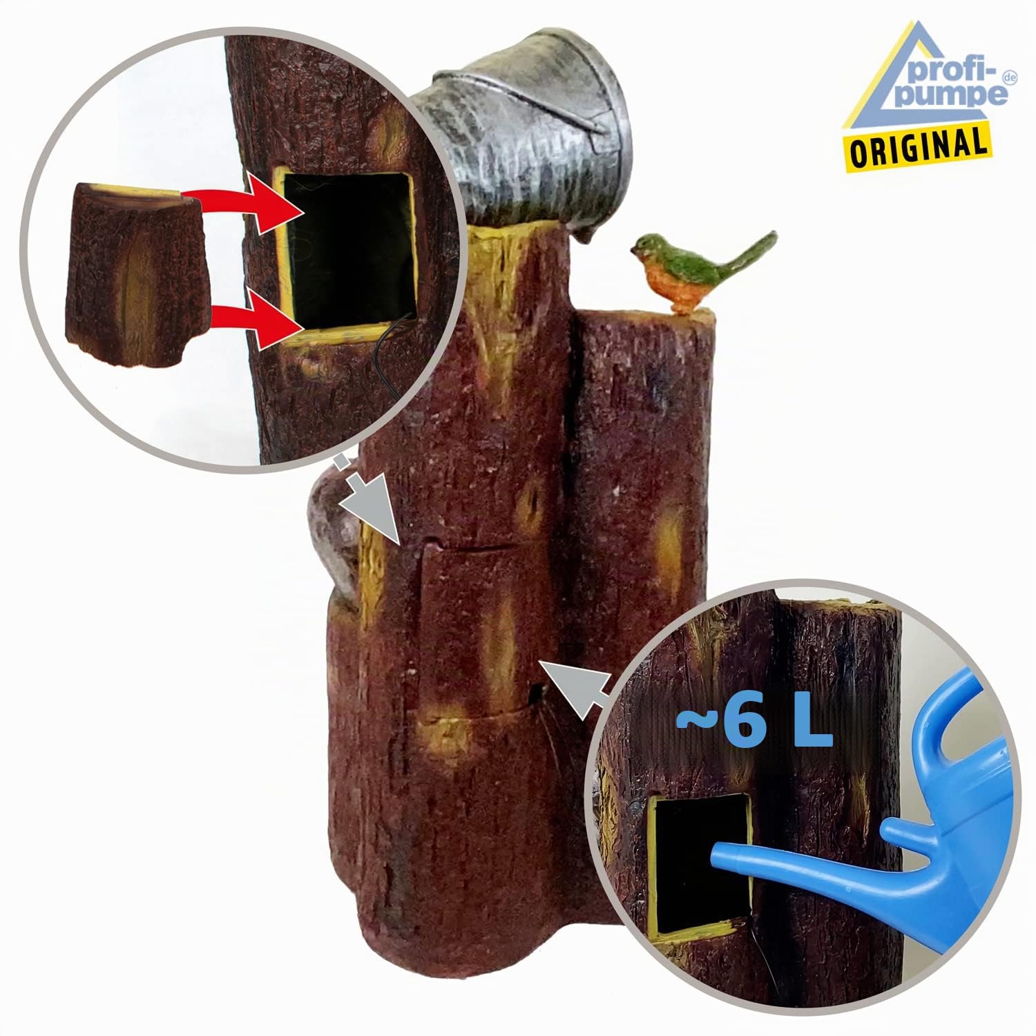 Fuente Solar para jardín Fuente BAUMSTUMPF & TONKRÜGE Fuente en Cascada para terraza, balcón, Modelo Mejorado con función de Arranque instantáneo de Bomba con batería de Iones de Litio y luz LED