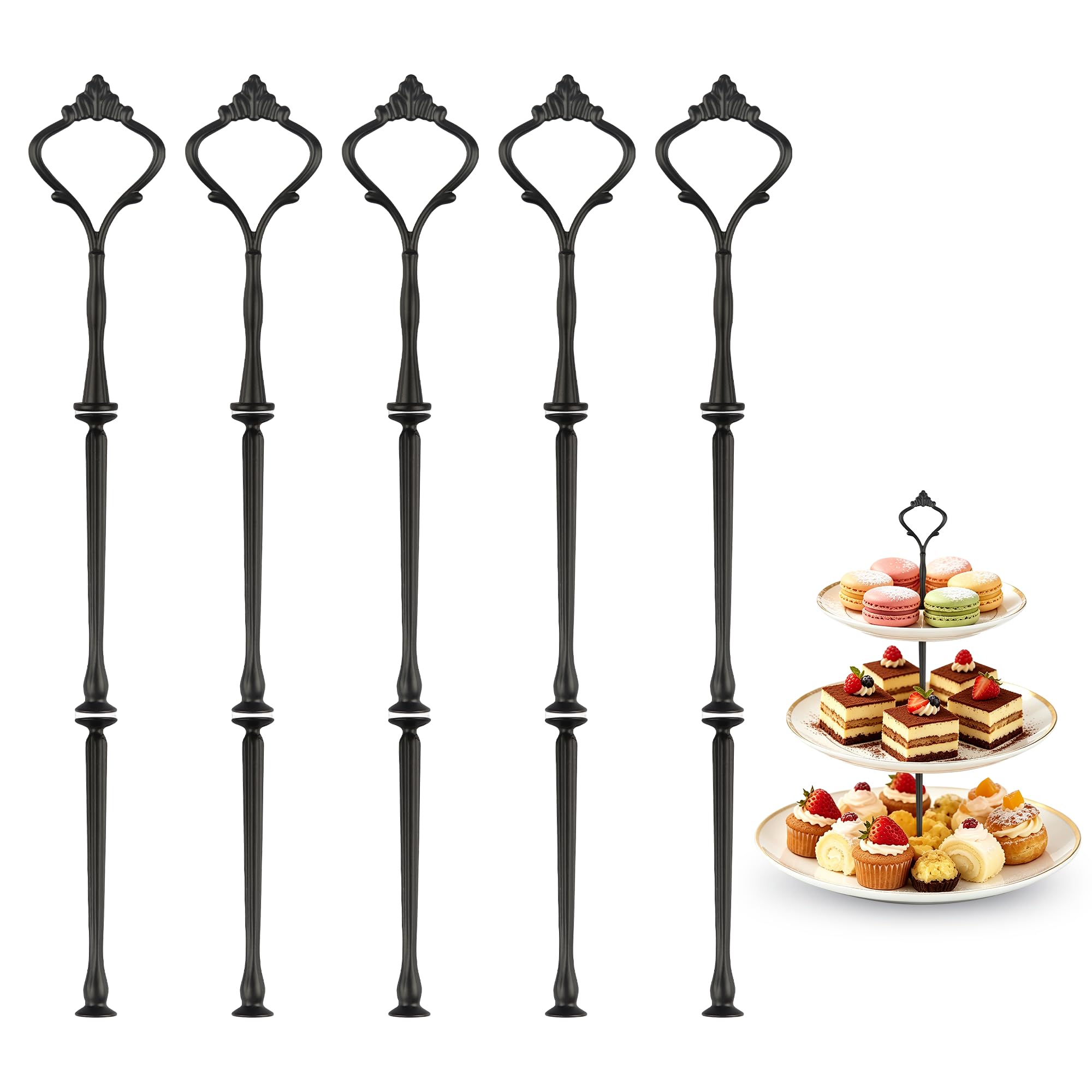Happy Will 3 Tier Cake Stand Fitttings Kits Fruit Cake Plate Handle Fitting Cupcake Hardware Rod Stand Holder Black Crown 5 Sets（Plate not Included）