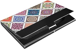 Set Colored Mandala Ethnic Islam, Arabic, Indian, Ottoman Motifs Business Card Holder Leather, Slim Credit Card Case Stainless Steel Wallet for Women and Men Unisex Business Card Holder