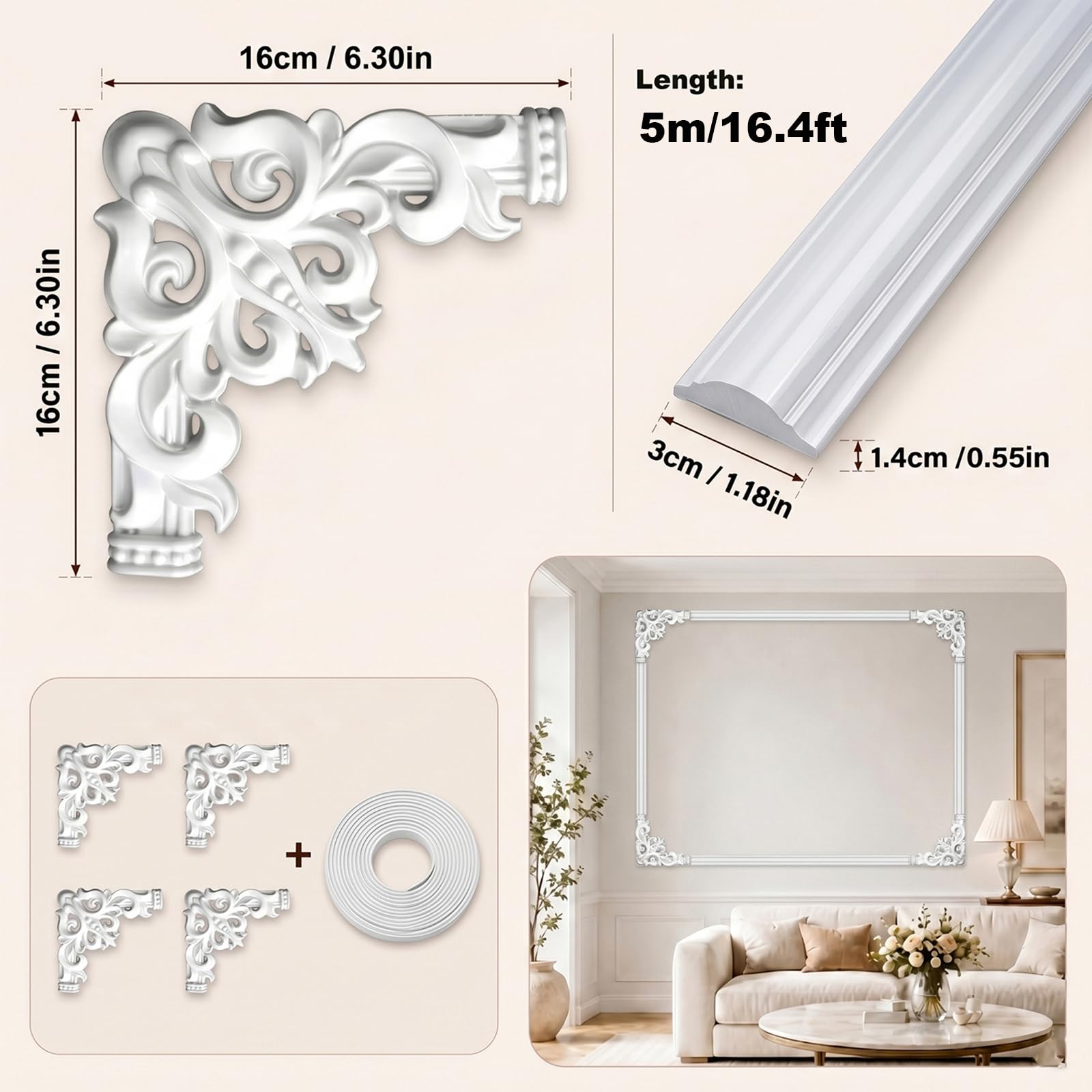 Modanatura Adesiva per Pareti PVC Flessibile Modanature per Soffitto Scale White,5m