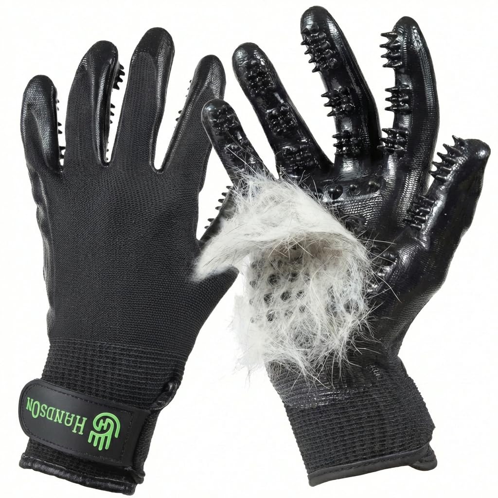 H HANDSON Pet Grooming Gloves - Patented #1 Ranked, Award Winning Shedding, Bathing, &amp; Hair Remover Gloves - Gentle Brush for Cats, Dogs, and Horses (Black, Medium)