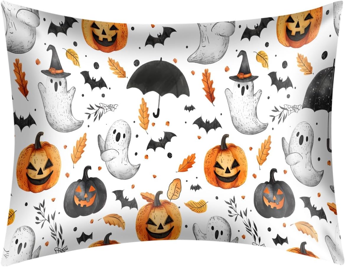 Halloween Satin Pillowcase for Hair and Skin, Similar to Silk Pillowcase 20x26 inches - Standard Size - Cute Ghost Soft Cooling Pillow Cases with Zipper Closure, Gifts for Women Men