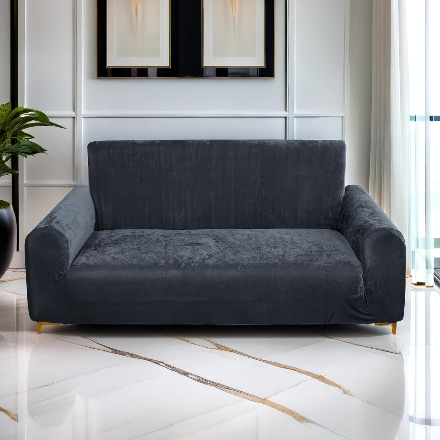 Velvet Stretch Sofa Cover, Brown, 3 Seater, Modern Style, Machine Washable, Elastic Fit Slipcover (Grey)-image-37